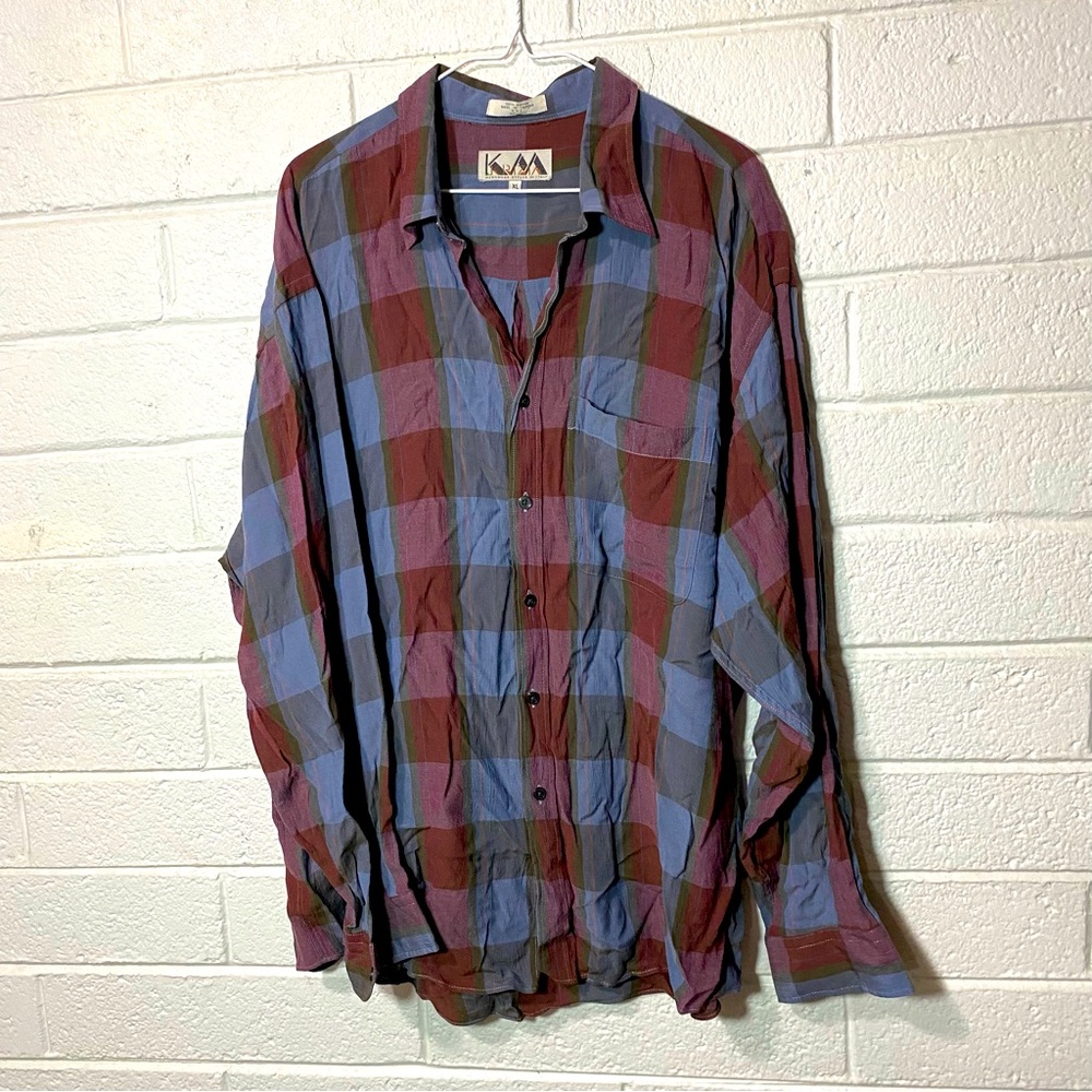 Vintage Krizia Rayon Plaid Button Up Shirt Fall Colors Styled in Italy Menswear